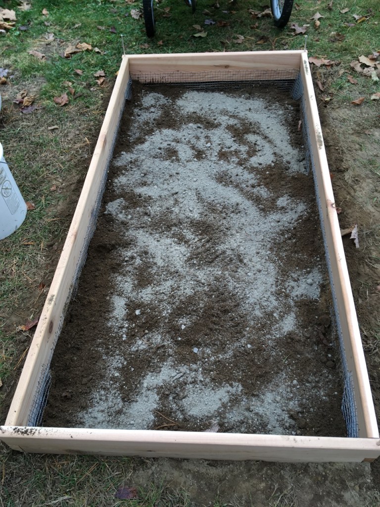 Rock dust over soil in raised bed.